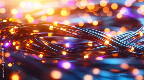 Luminous strands of fiber optic cables glow with vibrant orange light against a blurred purple background creating a network of connection and innovation