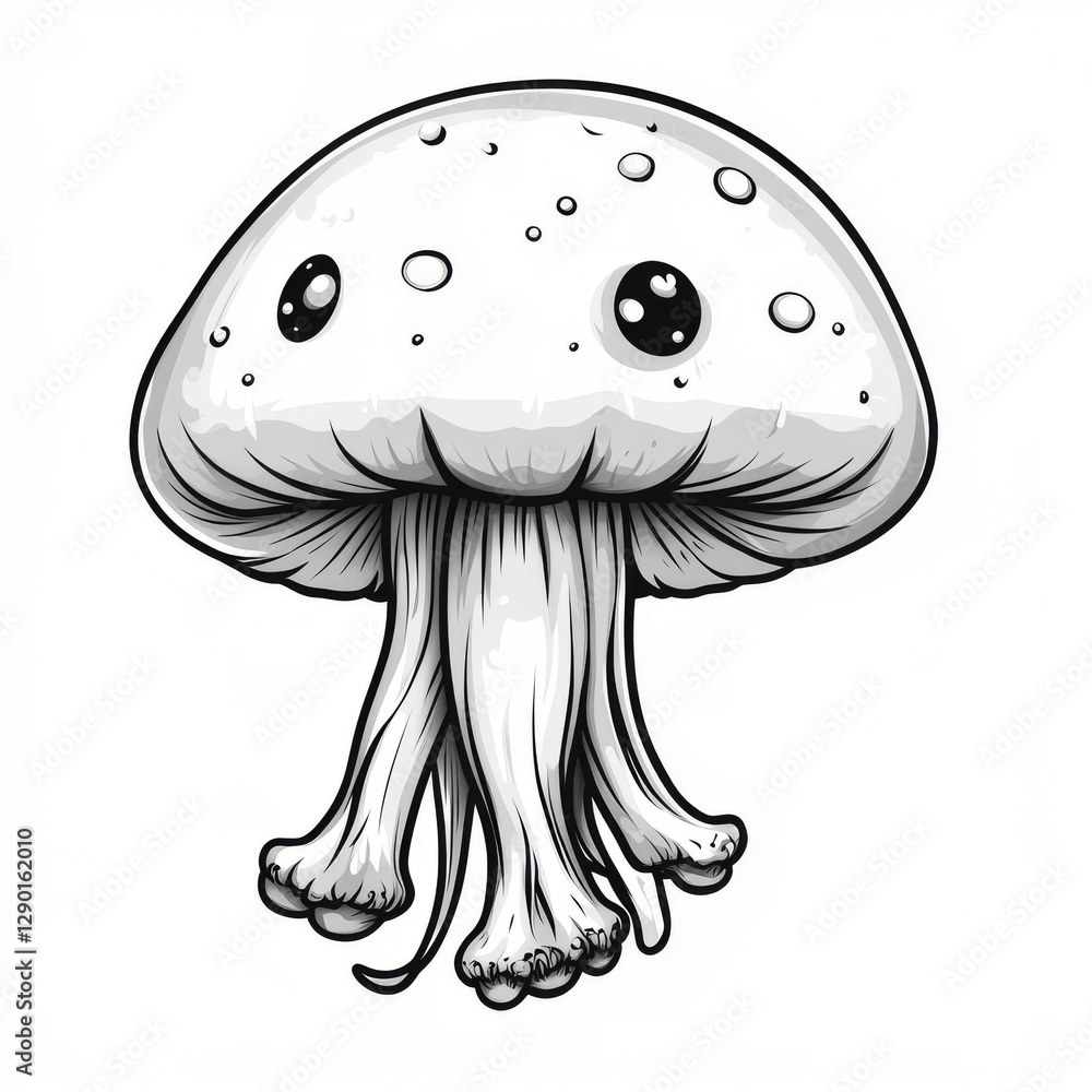 Cute Cartoon Mushroom with Eyes - Monochrome Illustration Cute Cartoon Mushroom with Eyes - Monochrome Illustration
