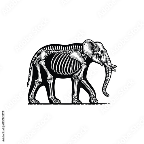 black and white illustration of elephant skeleton, hand drawn vintage style, vector illustration