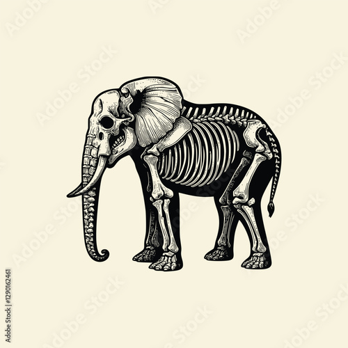black and white illustration of elephant skeleton, hand drawn vintage style, vector illustration