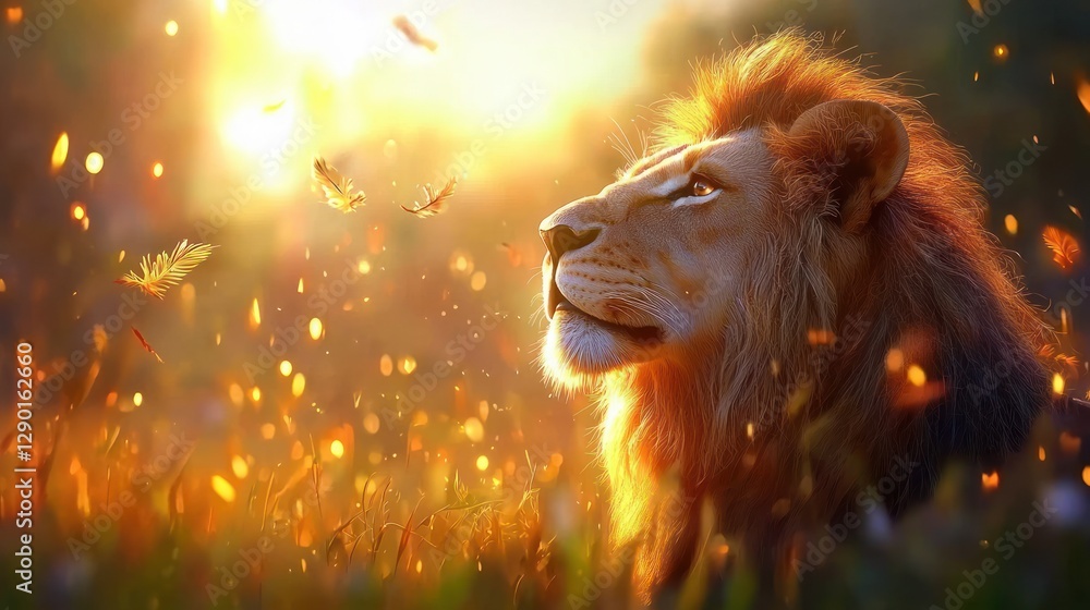 Naklejka premium Majestic lion gazing into the golden sunset with ethereal feathers floating in a dreamy landscape