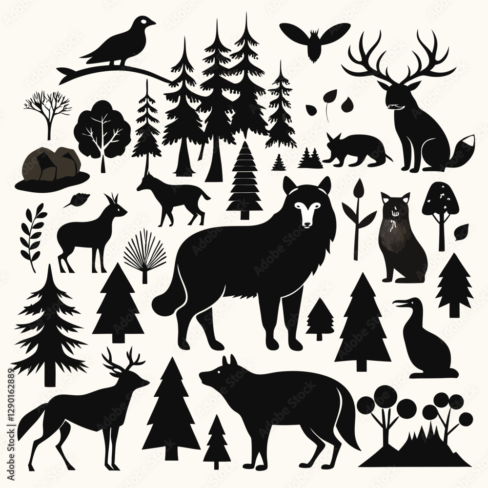 Fototapeta premium Forest Wildlife Silhouettes - Deer, Bear, Birds & Trees in Black and White Vector Art.