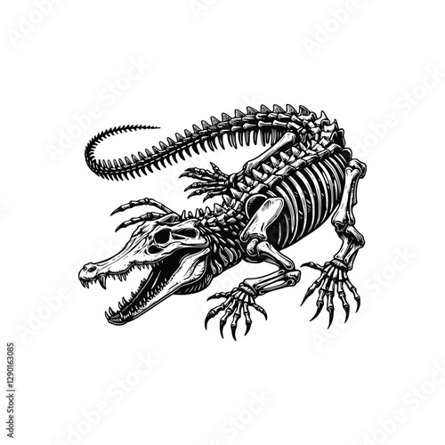 illustration of crocodile skeleton, hand drawn style, vintage vector illustration