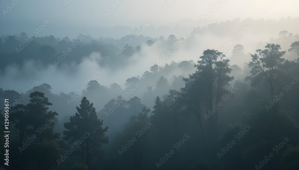 Layers of Fog Weaving Through Dense Trees at Dawn, Creating a Serene and Enchanting Atmosphere in the Wilderness. Layers of Fog Weaving Through Dense Trees at Dawn, Creating a Serene and Enchanting Atmosphere in the Wilderness.