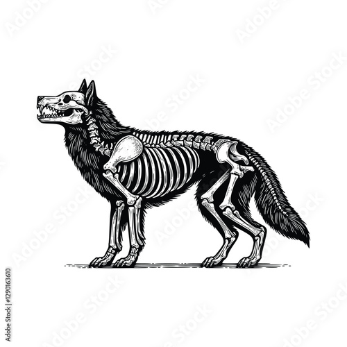 illustration of wolf skeleton, black and white hand drawn vintage style, vector illustration