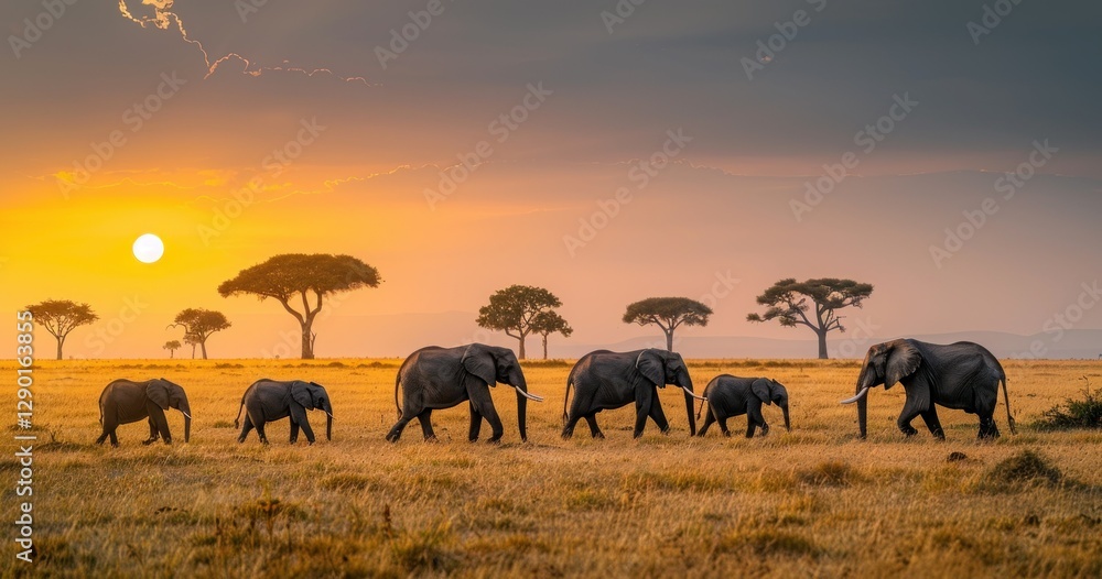 Fototapeta premium African Sunset with Elephant Herd