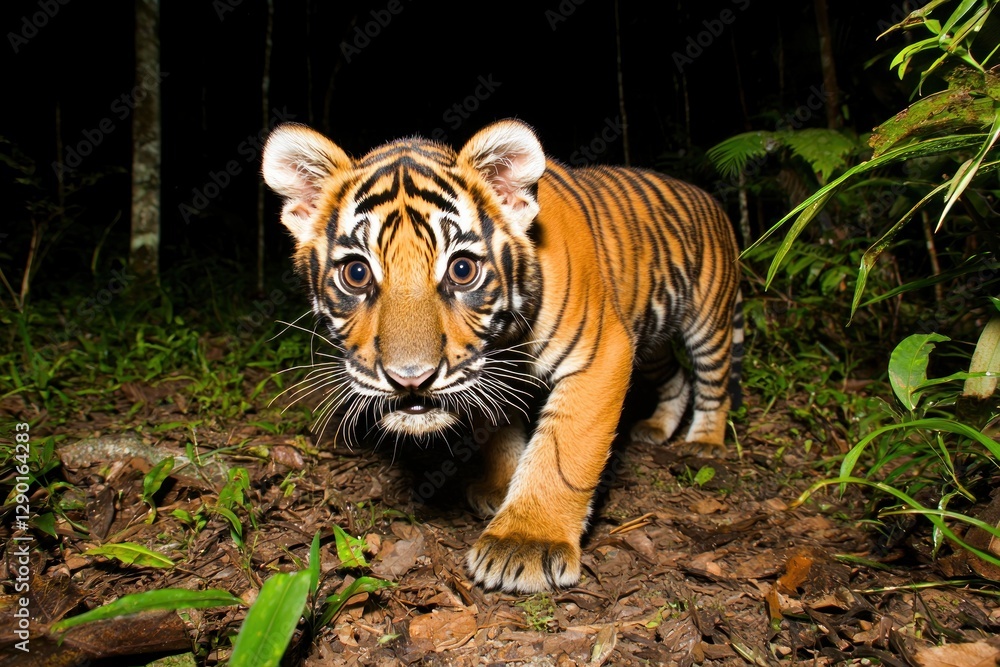 Obraz premium Captivating Sumatran Tiger Cub Strolling Through Lush Jungle at Night with Intense Gaze and Striking Stripes in Natural Habitat