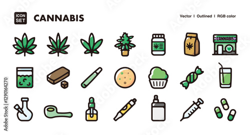 Cannabis illustration icon set.Simple vector outlines, clipart for graphic design.