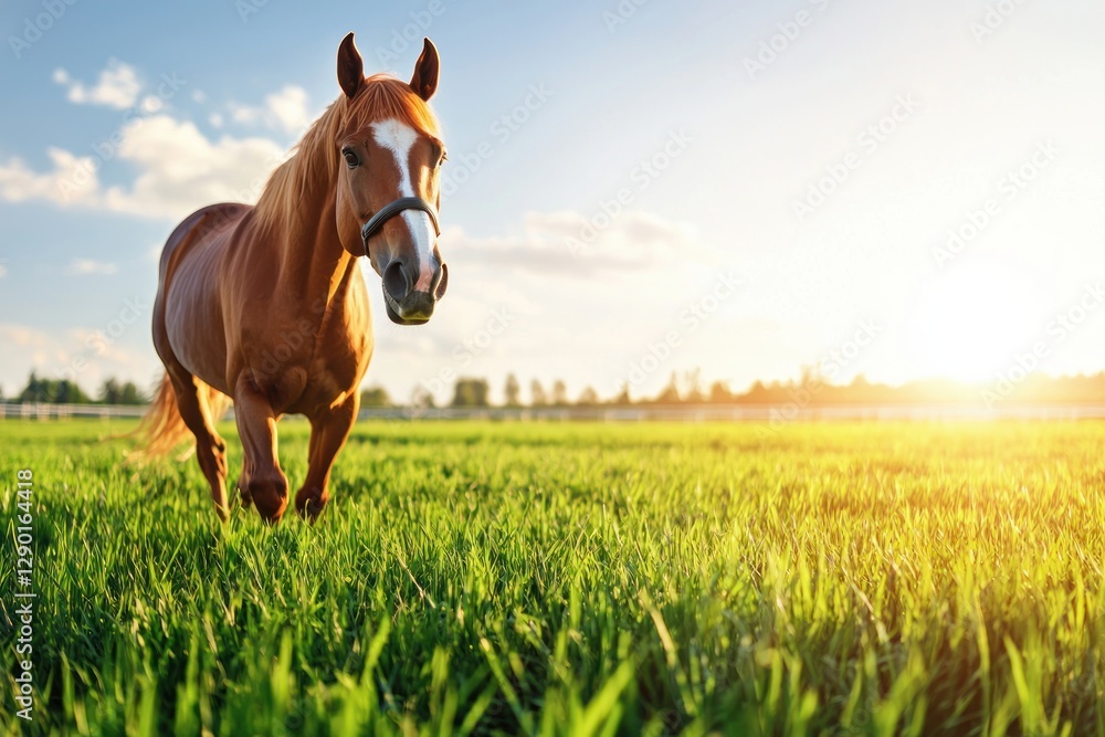 Majestic chestnut horse grazes in sunlit meadow against a backdrop of a serene blue sky and fluffy white clouds Majestic chestnut horse grazes in sunlit meadow against a backdrop of a serene blue sky and fluffy white clouds