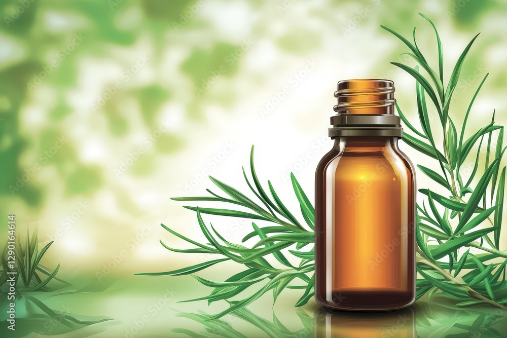 Amber Bottle with Essential Oil Surrounded by Fresh Green Leaves Amber Bottle with Essential Oil Surrounded by Fresh Green Leaves