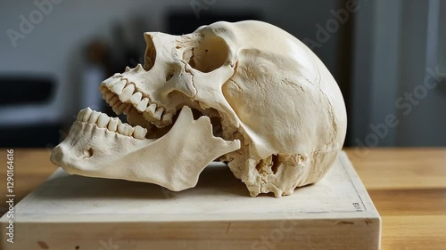 Detailed model of a primate skull on a wooden display board in a well-lit environment
