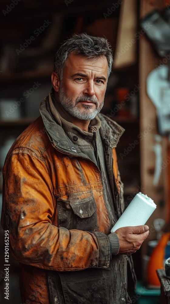 Obraz premium Portrait of a Mature Man with Gray Hair and Beard in Orange Work Jacket