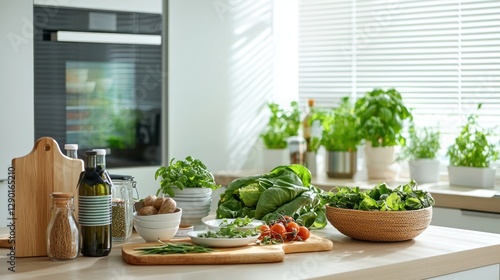 Bright Kitchen Still Life with Fresh Organic Vegetables Herbs and Olive Oil Bottles in Natural Light