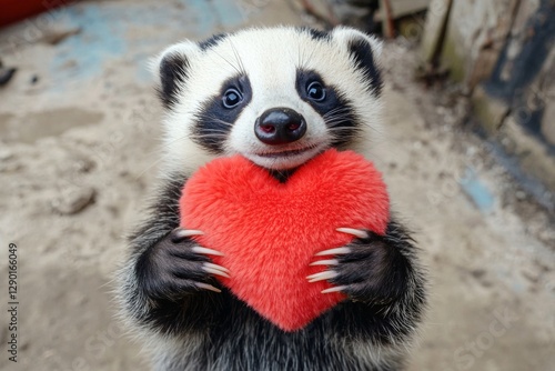 Cute badger baby with fluffy red heart on in a natural habitat. Marketing animal creative artwork. Badger - my preferred animal. Tender love in nature. Loving embrace of wild creatures. photo