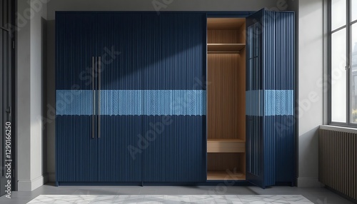 A dark blue wardrobe with decorative details and light interior