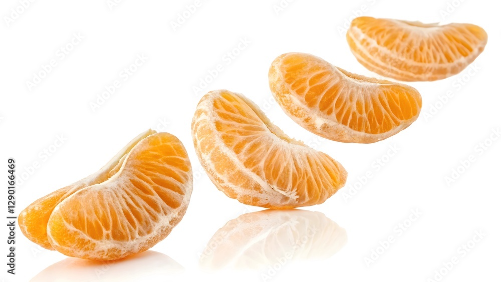 Mandarin Segments in a Row: Citrus Fruit on White Background Mandarin Segments in a Row: Citrus Fruit on White Background