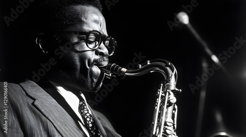 and white film photograph of a jazz musician playing the saxophone, with high contrast and visible film grain 
