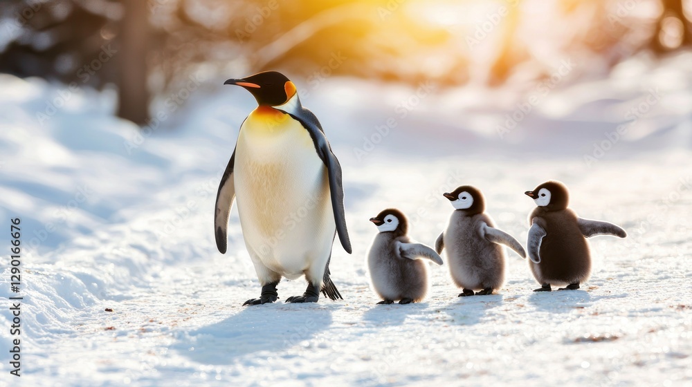 Obraz premium Charming Emperor Penguin Family Walking on Snowy Landscape in Antarctica Under Bright Sunlight Cinematic View