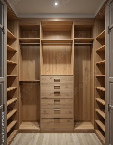 A spacious custom built closet with built in shelves