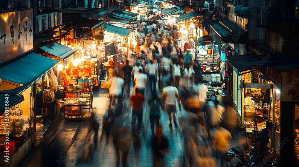 Obraz premium marketplace with slightly blurred motion and warm vintage tones, resembling an old film camera shot 