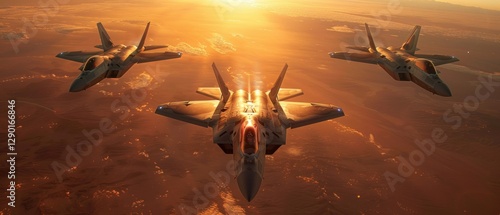 F-22 Raptor Jet Fighters Soaring at Sunset