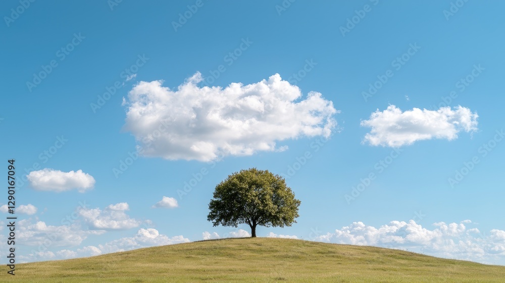 Lone tree on grassy hill, blue sky, clouds. Peaceful nature scene, ideal for serenity themes Lone tree on grassy hill, blue sky, clouds. Peaceful nature scene, ideal for serenity themes