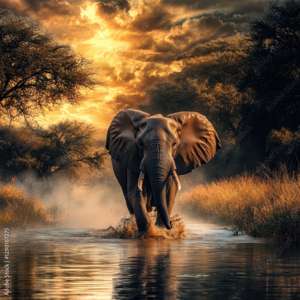 Fototapeta premium Majestic Elephant Strolling Through River at Sunset in African Savanna Landscape with Dramatic Sky and Golden Light