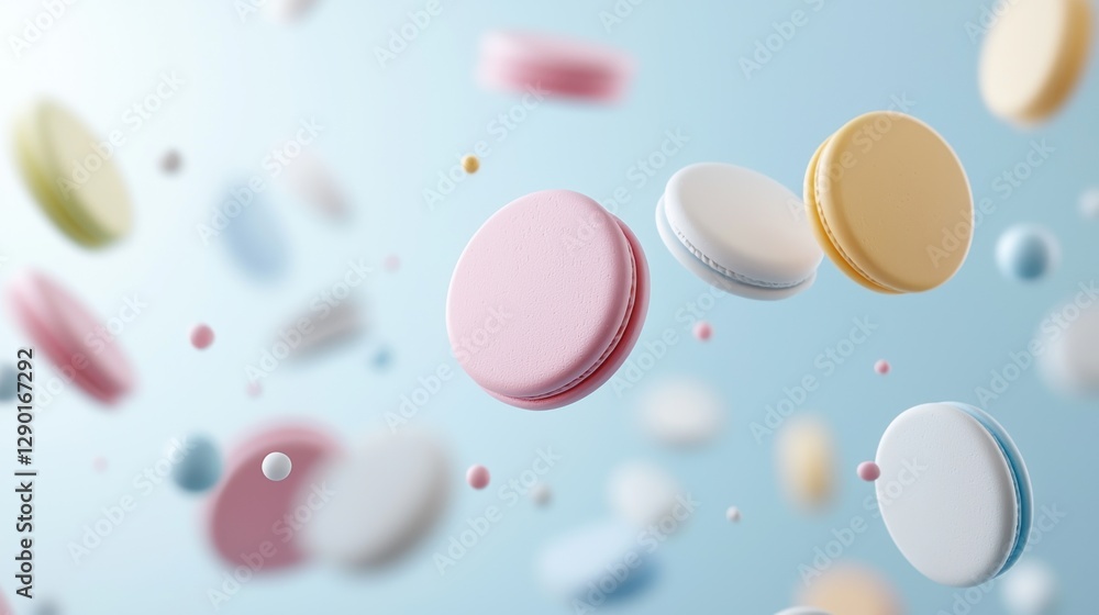 Colorful macarons floating in a soft blue background, showcasing a whimsical dessert scene, full of sweetness. Colorful macarons floating in a soft blue background, showcasing a whimsical dessert scene, full of sweetness.