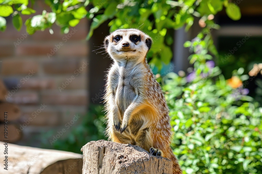 Fototapeta premium Curious meerkat perched atop a weathered tree stump basking in the sunlit garden with lush greenery and a brick wall backdrop
