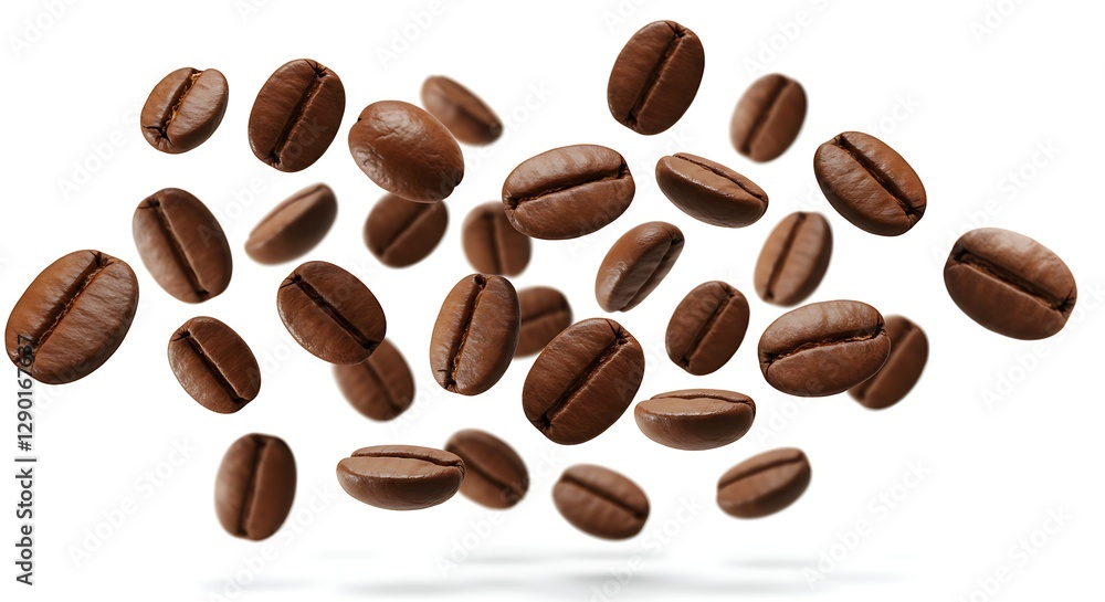 Naklejka premium Falling Roasted Coffee Beans on White Background - Coffee Concept