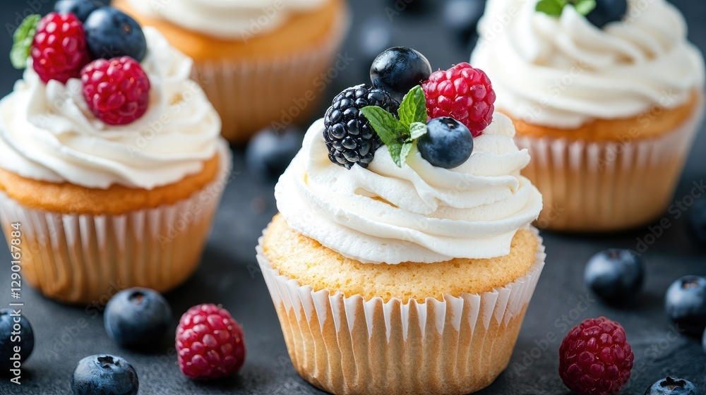 Delicious frosted cupcakes with fresh berries Delicious frosted cupcakes with fresh berries