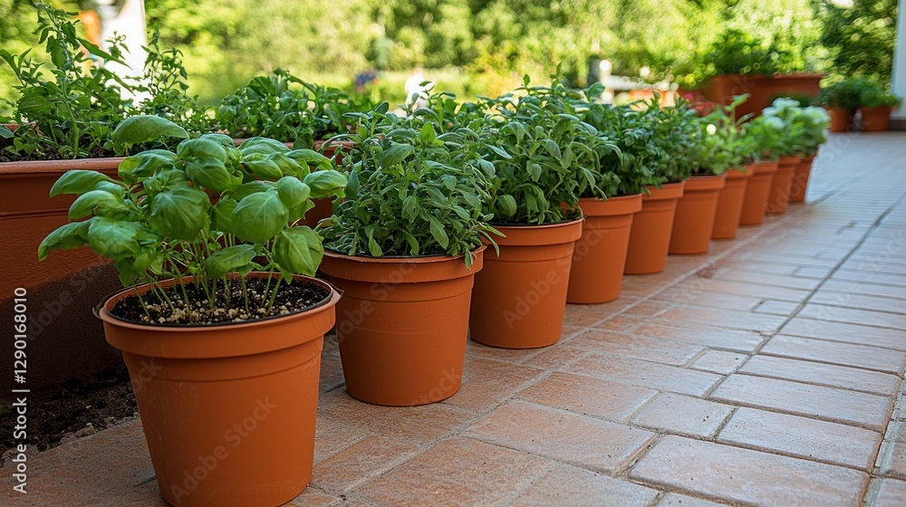 Row of Fresh Culinary Herbs in Terra Cotta Pots on a Brick Patio in Natural Sunlight Garden Concept Row of Fresh Culinary Herbs in Terra Cotta Pots on a Brick Patio in Natural Sunlight Garden Concept