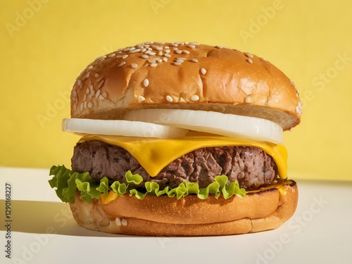On a yellow backdrop, a freshly made, delectable hamburger with lettuce, tomato, cheese, and pickles
