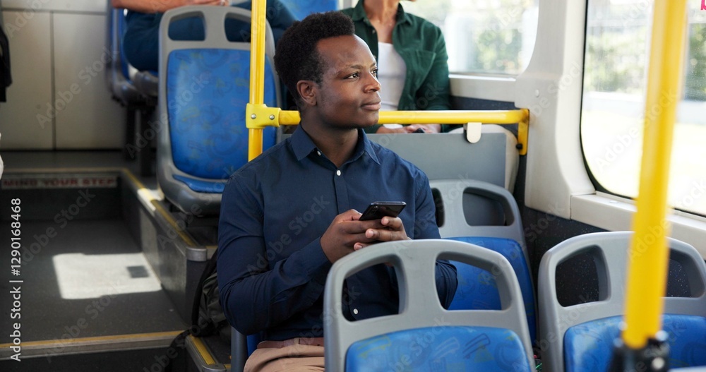 custom made wallpaper toronto digitalBus, thinking and black man by window with phone for journey, commute and travel in city. Public transport, passenger and business person on smartphone for trip, destination and internet in town
