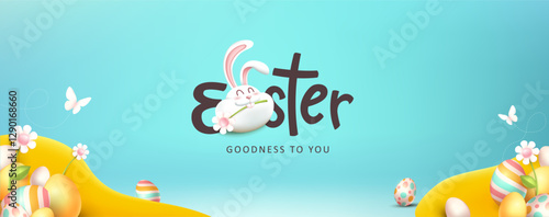 Happy easter banner background with spring time nature landscape colored easter eggs