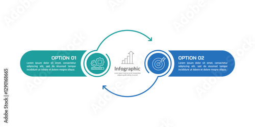 Circle labels infographic with 2 arrows on the process to success. Presentation, Strategy and Plan. Vector illustration.