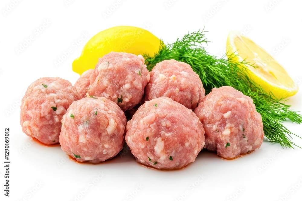 Raw Meatballs Fresh Dill And Lemon Wedges Appear Together Raw Meatballs Fresh Dill And Lemon Wedges Appear Together