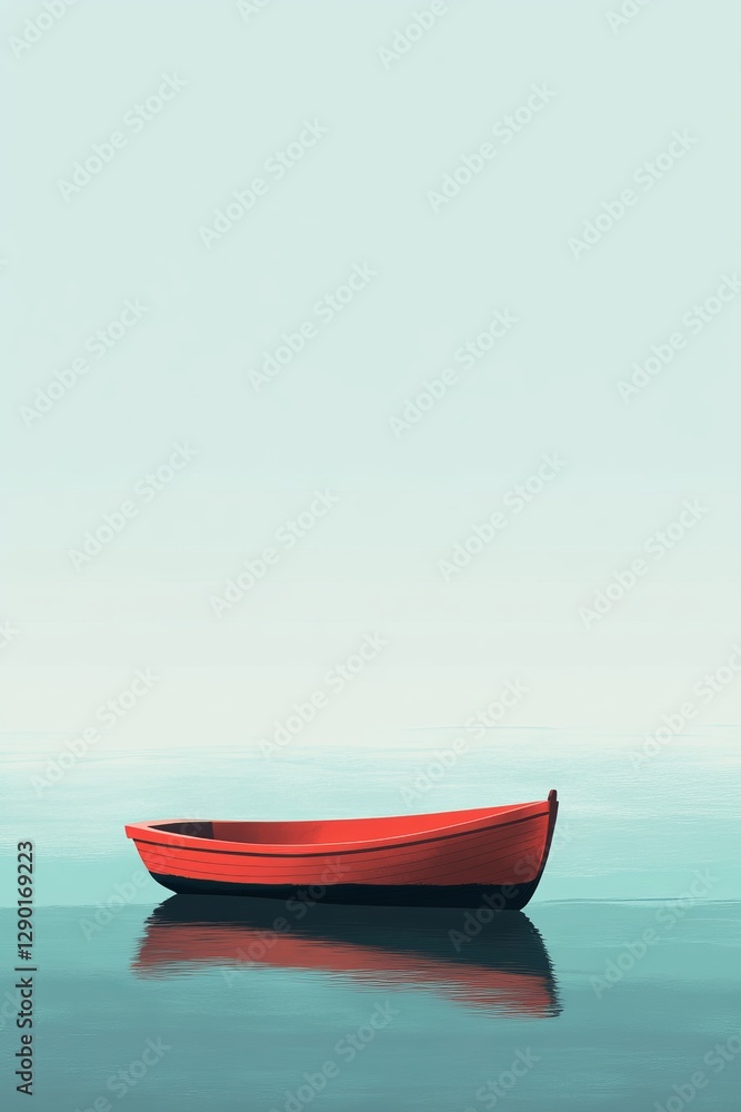 Naklejka premium Peaceful red boat on calm water, misty background