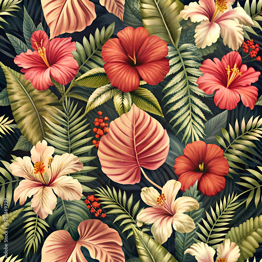 Fototapeta premium Tropical Flowers and Leaves Seamless Pattern. Exotic Floral Design