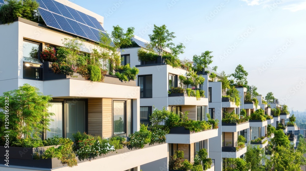 Fototapeta premium Modern apartment building with solar panels and green balconies offering sustainable urban living and eco friendly design under a bright blue sky