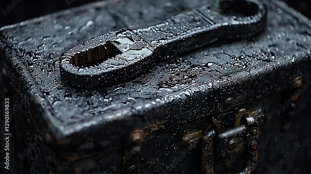 A black toolbox with a safety helmet and heavy-duty pliers A black toolbox with a safety helmet and heavy-duty pliers