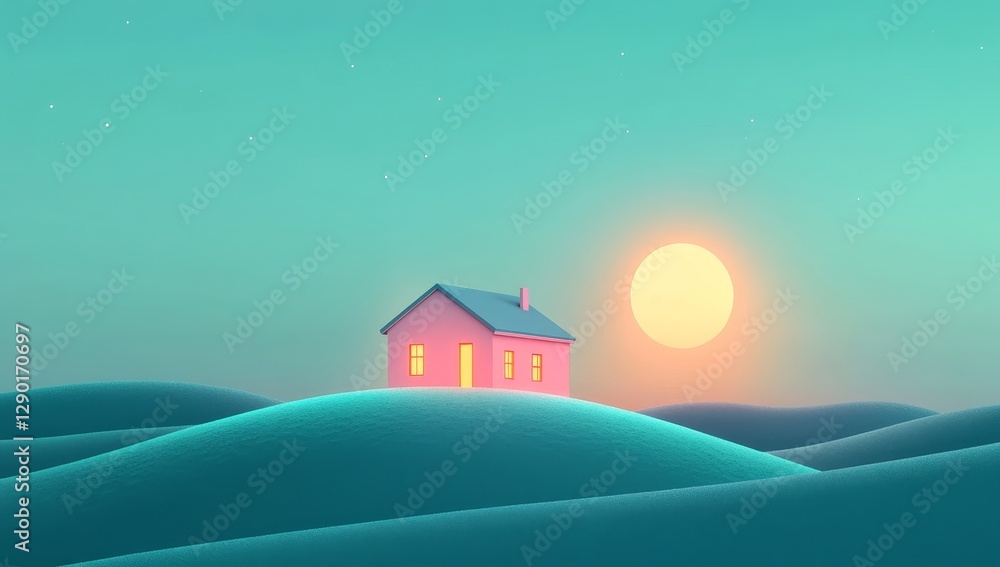 Naklejka premium Pastel pink house on hills at sunset
