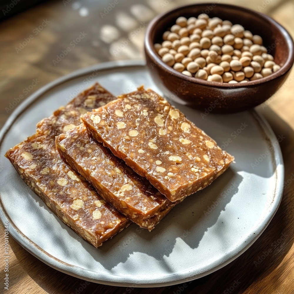 Homemade soy-based snack bars on plate Homemade soy-based snack bars on plate