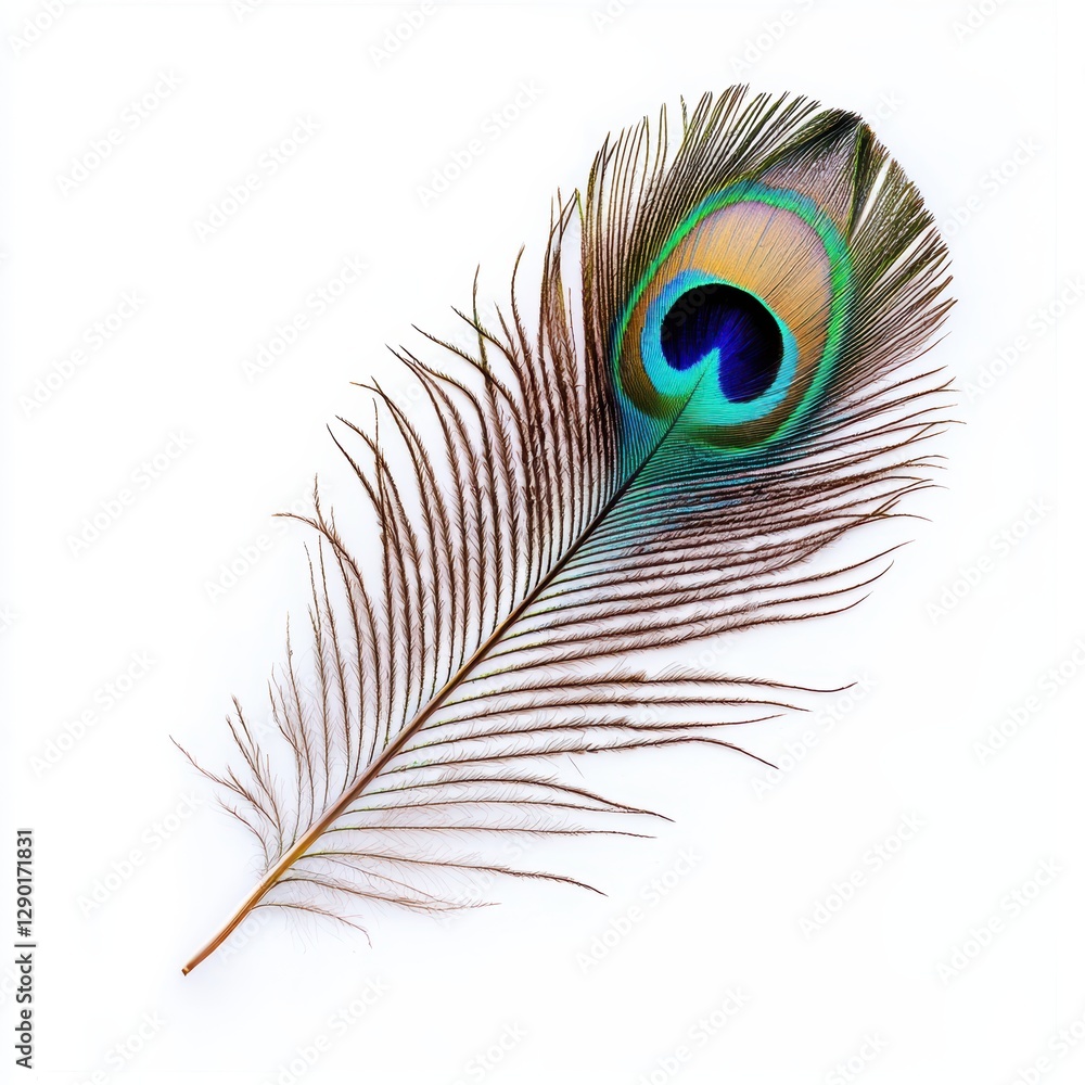 Obraz premium A vibrant peacock feather showcasing intricate patterns and vivid colors, highlighting nature's beauty and elegance.