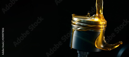 Close up of piston with motor oil , Pour gold engine oil onto the piston to lubricate them , horizontal banner with copy space for text decoration , Generative AI