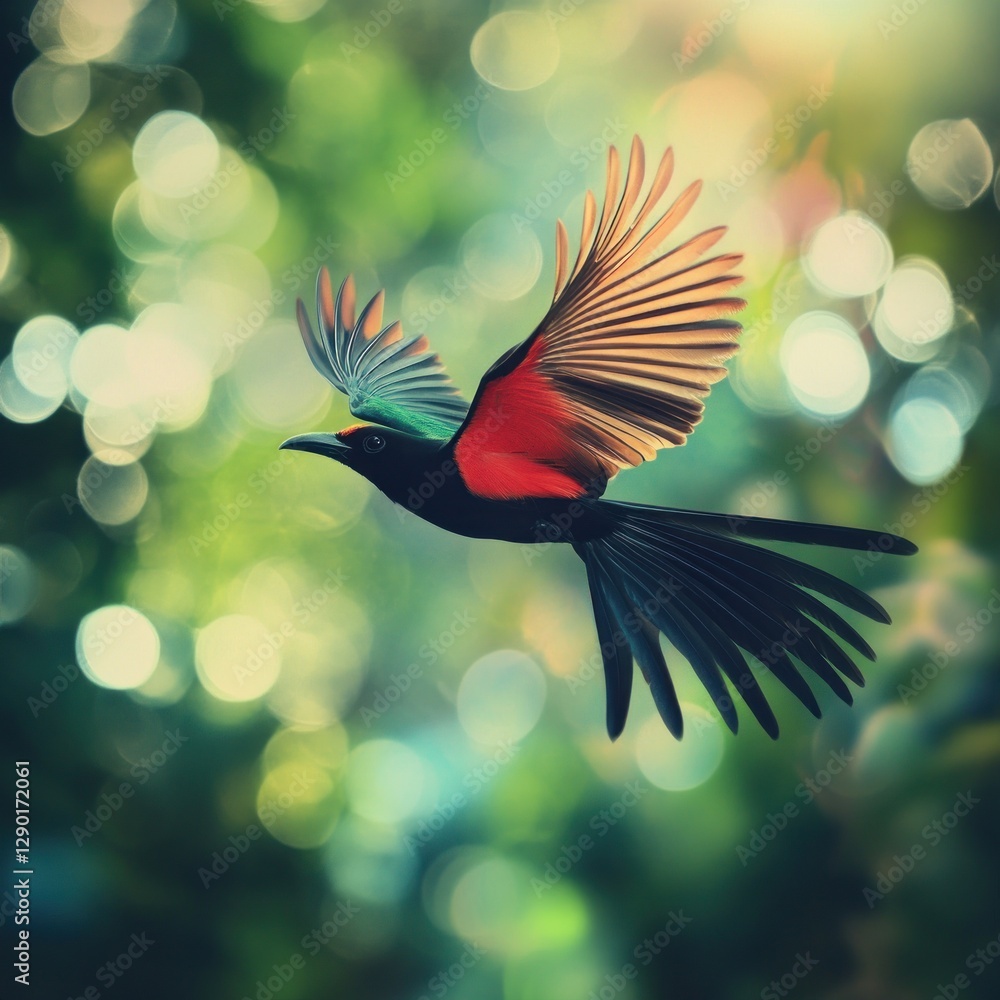 Obraz premium Colorful paradise bird in flight against a soft bokeh background creating a sense of freedom and natural beauty in a tropical setting