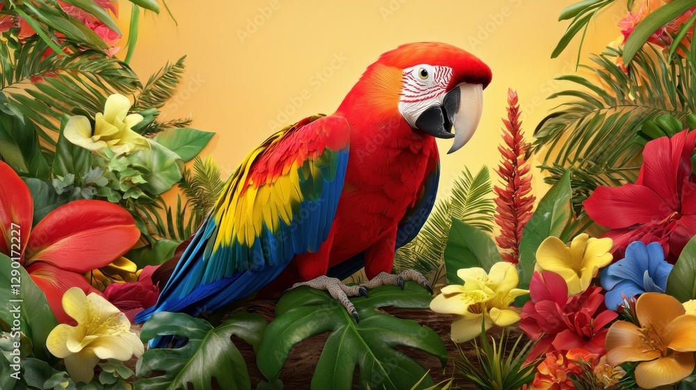 Fototapeta premium Vivid Scarlet Macaw Amidst Lush Tropical Flora A Captivating Portrait of Exotic Beauty and Vibrant Colors in a Botanical Paradise