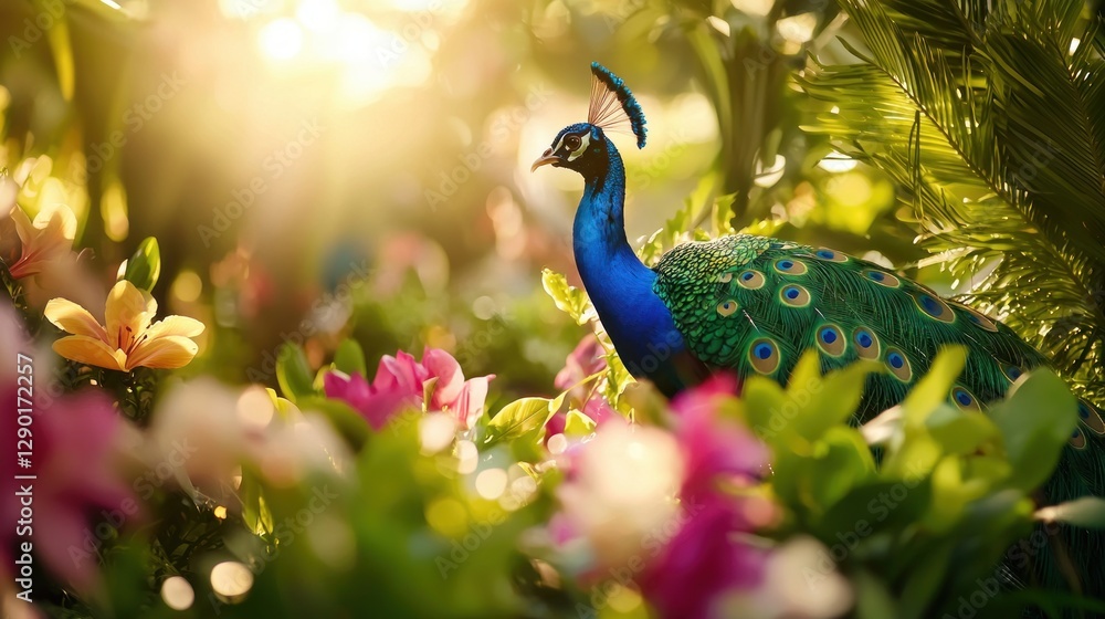 Majestic peacock amidst vibrant floral garden bathed in golden sunlight creating serene and enchanting atmosphere elegant bird Majestic peacock amidst vibrant floral garden bathed in golden sunlight creating serene and enchanting atmosphere elegant bird