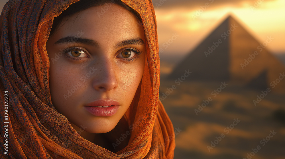 Beautiful woman in a headscarf with pyramids at sunset Beautiful woman in a headscarf with pyramids at sunset