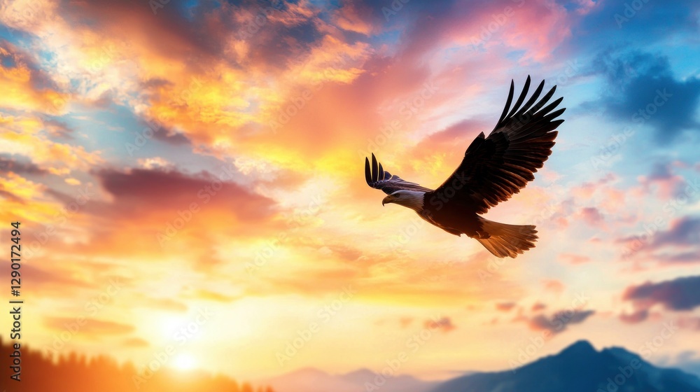 Fototapeta premium Majestic bald eagle soars through a vibrant sunset sky over distant mountains freedom and nature in harmony golden hour